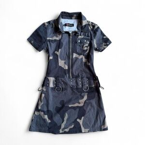 90s illig camo punk grunge mini dress with metal o ring belt hardware Sz medium